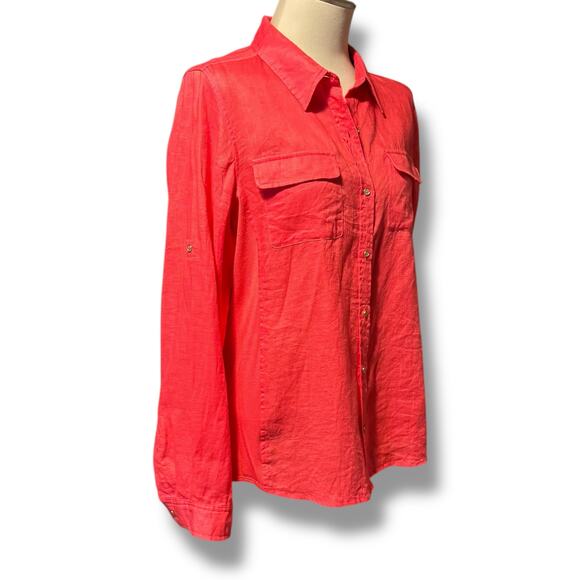 Calvin Klein Roll-Tab Long Sleeve Button Up Linen Pink Large - Picture 6 of 8